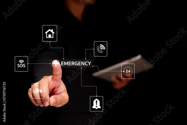 Fototapeta A person interacts with a digital interface displaying emergency options and notifications, emphasizing technology's role in urgent situations.