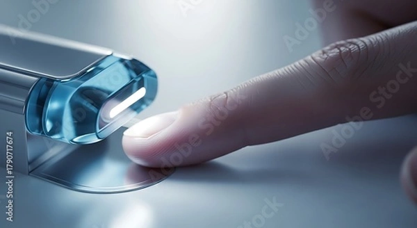 Obraz Close-Up of Person Using Finger to Operate Modern Electronic Device or Sensor Button with Blue Lights for Technology, Innovation, or Security Applications