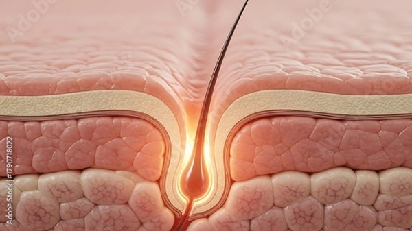 Obraz Close-up of Skin Pore with Hair Follicle and Sebaceous Gland in human skin, detailed biological skin structure for dermatology and medical research visuals