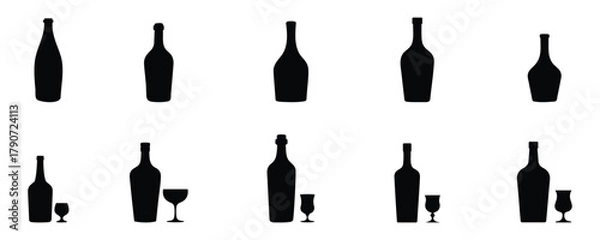 Fototapeta A simple black silhouette set of bottles and glasses on a white background. Perfect for bar, drink, and restaurant design projects.