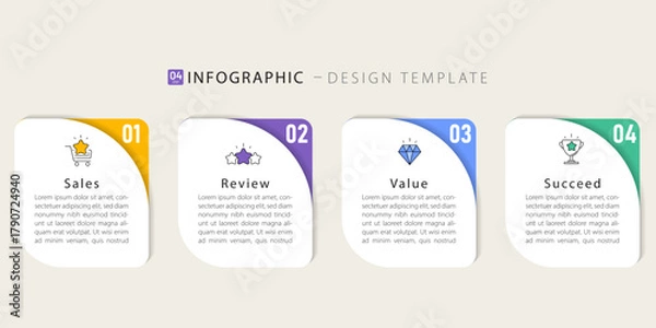 Fototapeta Business infographic template. 4 Step timeline journey. Process diagram, 4 options on white background, Infograph elements vector illustration.