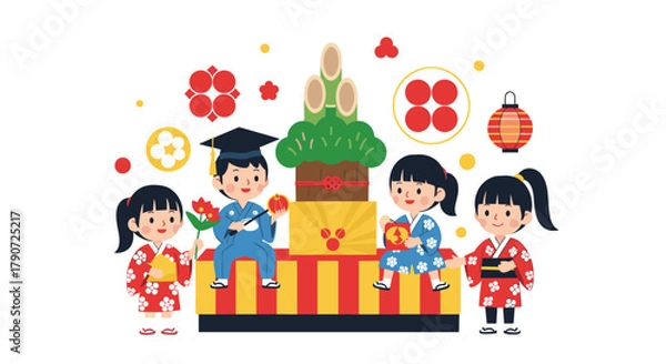 Fototapeta Japanese children celebrate new year traditions with festive decorations and symbolic foods.