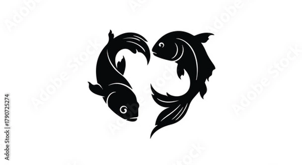 Fototapeta Two black koi fish forming a heart shape on a white background