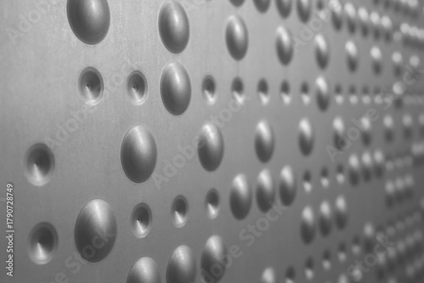 Obraz Close-up of a modern metal wall in Oslo, Norway, featuring symmetrical rounded patterns and industrial texture with soft light reflections