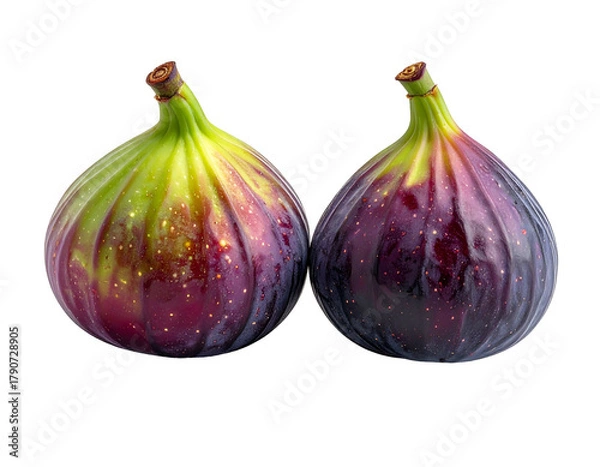 Obraz Two ripe dark purple figs with green stems on black