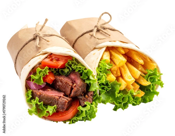 Obraz Two savory wraps with fresh ingredients and golden fries