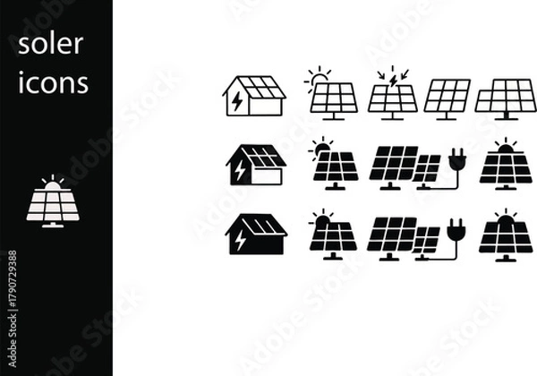 Obraz Modern vector icons illustrating solar energy systems, sustainable power generation, clean renewable electricity solutions, and eco-friendly technology for homes