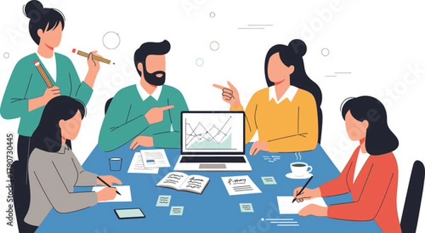 Fototapeta Simple vector illustration of group of people working together on project, teamwork and collaboration.