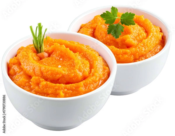 Obraz Two white bowls filled with bright orange puree, garnished