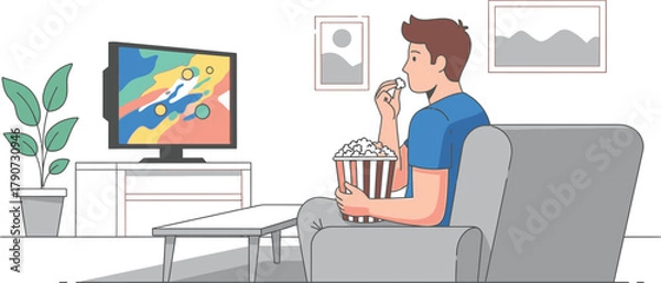 Fototapeta Simple vector illustration of man watching TV and eating popcorn, entertainment concept.
