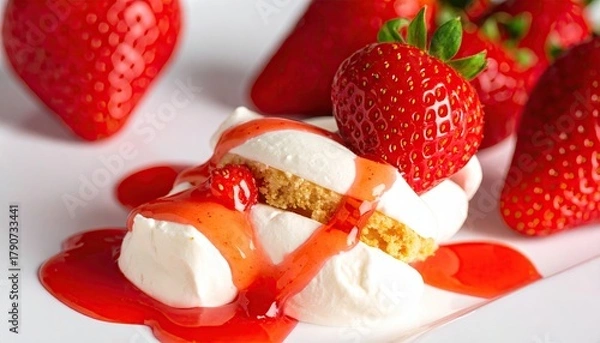 Obraz Close Up of a White Plate with Dessert Topped with Strawberries and Sweet Red Sauce in Bright Studio Lighting