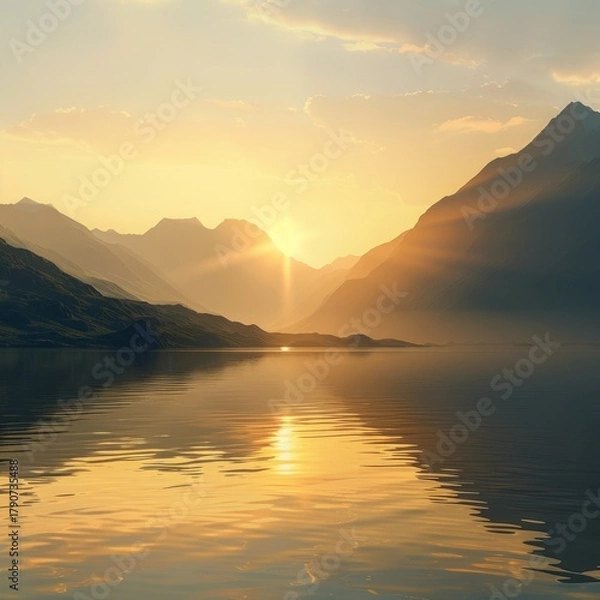 Fototapeta realistic serene landscape at sunrise, soft golden light over mountains and still waters