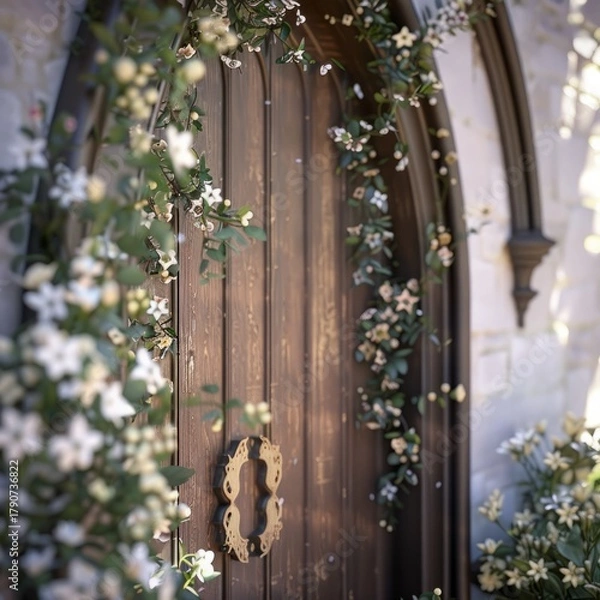 Fototapeta realistic close-up of a church door decorated with fresh flowers and greenery