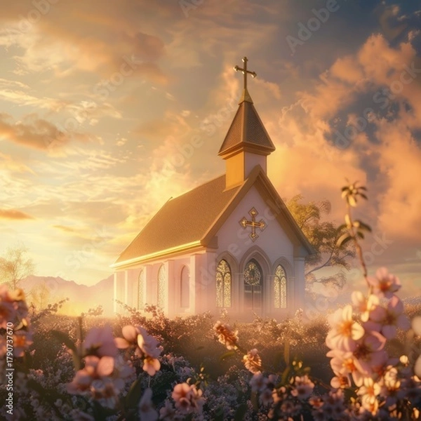 Fototapeta realistic church building at sunrise, soft golden light illuminating the cross on top