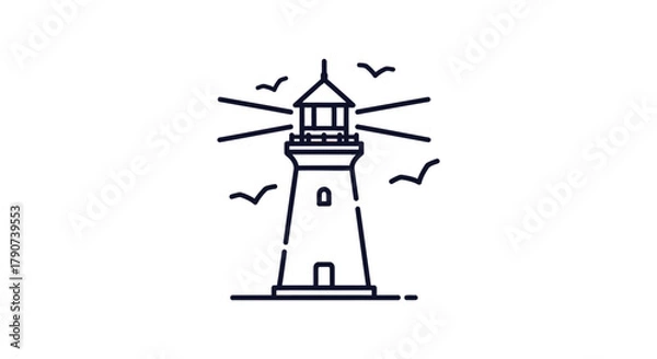 Fototapeta A simple line drawing of a lighthouse with birds flying around it on a white background.