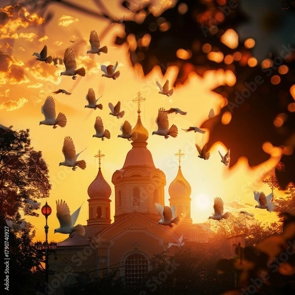 Fototapeta realistic silhouette of a church at sunset, flock of white doves flying in the sky