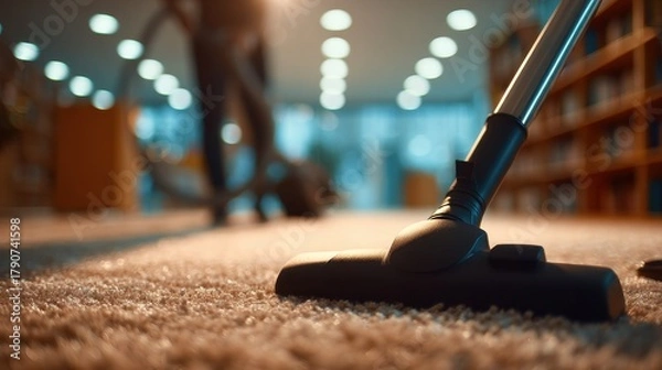 Obraz Vacuum cleaner head on carpet in a clean office environment with natural light and blurred background showing a person cleaning