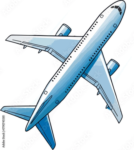 Obraz A blue and white airplane is shown from above, with wings and engines visible.