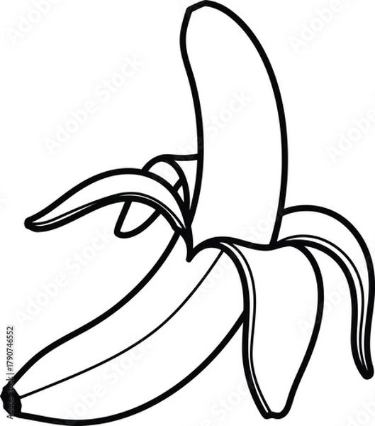 Fototapeta Banana illustration, showcasing its curved shape and partially peeled skin for simple coloring book
