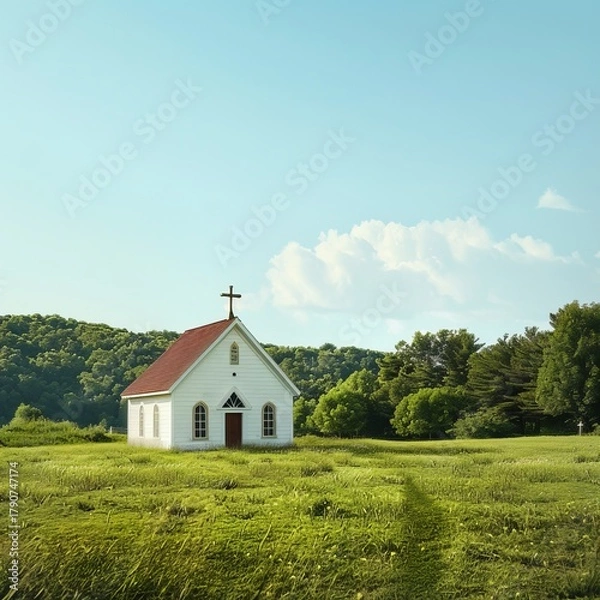 Fototapeta realistic countryside church surrounded by green fields and trees