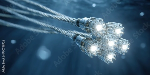 Fototapeta Light-emitting cables underwater with glowing connectors during a high-tech exploration