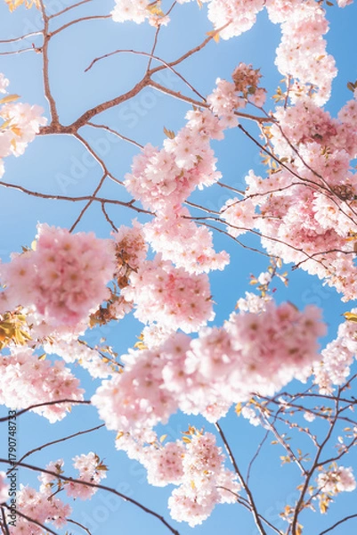 Fototapeta Springtime in Kristiansand, Norway. Cherry blossoms in full bloom line the marina promenade, creating a peaceful pastel tunnel filled with light and color