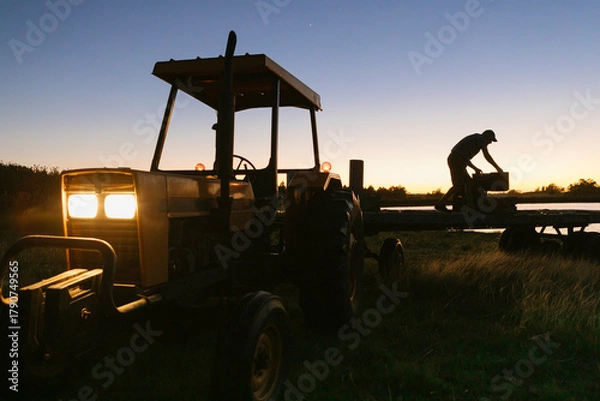 Obraz Farmer working with tractor at sunrise, loading boxes onto a trailer, showing rural agriculture lifestyle