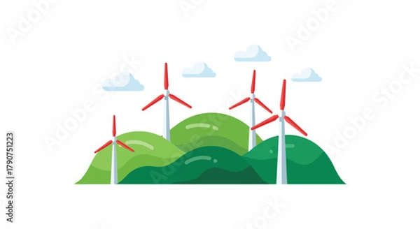 Fototapeta Wind turbines stand on rolling green hills under a cloudy sky.