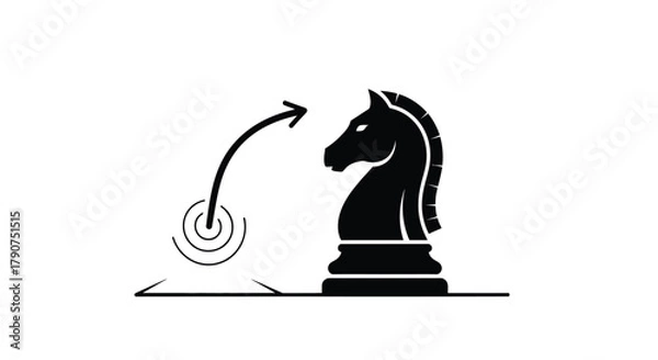Fototapeta A black chess knight piece moves with an arrow indicating its path on a white background.