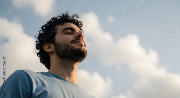 Obraz A serene young man with curly hair finds peace and tranquility outdoors, breathing deeply and connecting with nature under a bright, blue sky above him.