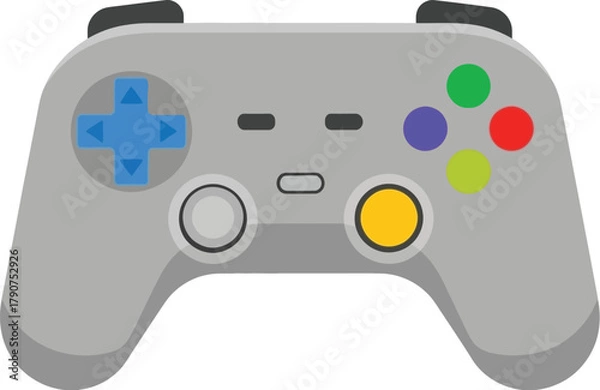 Fototapeta A gray video game controller with colorful buttons is displayed against a white background.