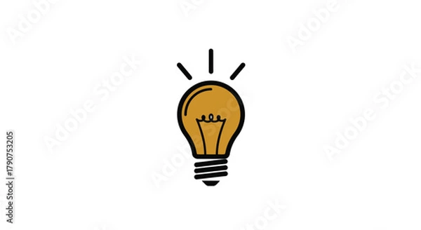 Fototapeta A simple illustration of a lit incandescent light bulb with radiating lines.