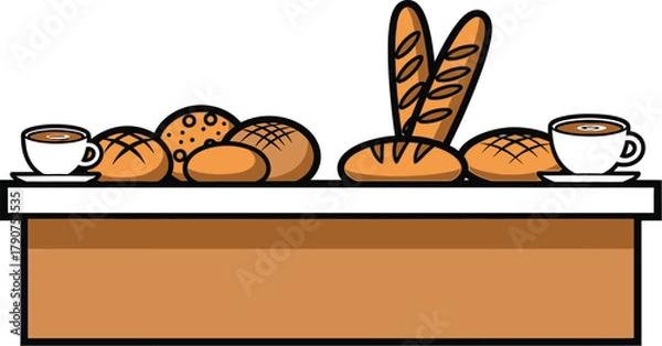 Fototapeta A variety of baked bread products and cups of coffee are displayed on a counter.