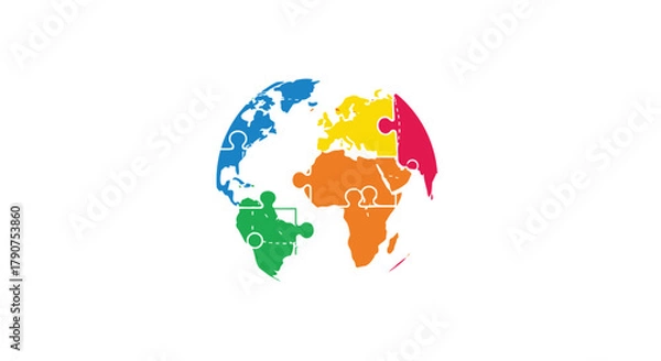 Fototapeta A colorful globe is depicted as a jigsaw puzzle with continents fitting together.