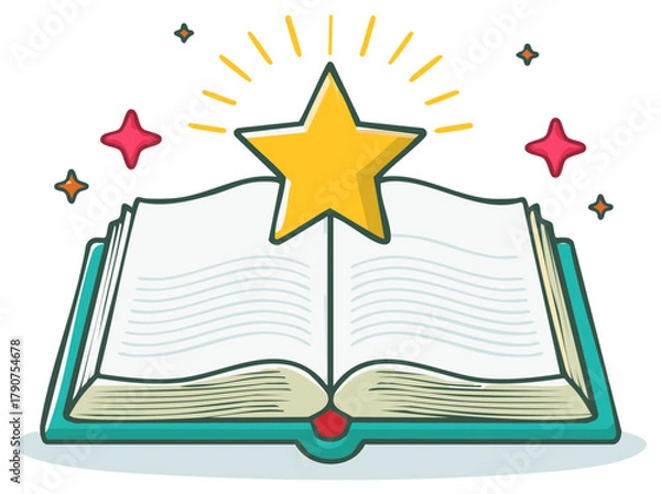 Obraz Open Book with Shining Yellow Star and Sparkles Symbolizing Knowledge Learning and Inspiration