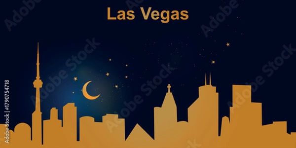 Fototapeta Minimalist vector illustration of Las Vegas skyline at night against a deep dark blue sky. At the top is a thin golden crescent moon with a soft glow, surrounded by several small stars.