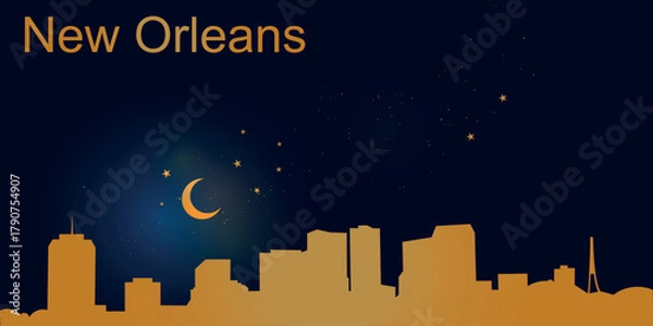 Fototapeta A minimalist vector illustration of the nighttime silhouette of New Orleans against a deep dark blue sky. At the top is a thin golden crescent moon with a soft glow, surrounded by several small stars.