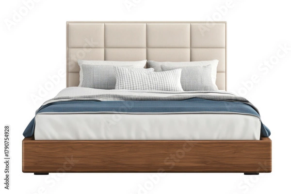Fototapeta Modern bed design featuring a plush headboard and layered bedding, perfect for contemporary bedrooms with minimalist aesthetics