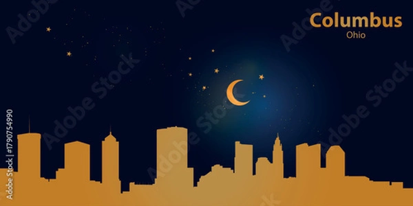 Fototapeta Minimalist vector illustration of Columbus' nighttime silhouette against a deep dark blue sky. At the top is a thin golden crescent moon with a soft glow, surrounded by several small stars.