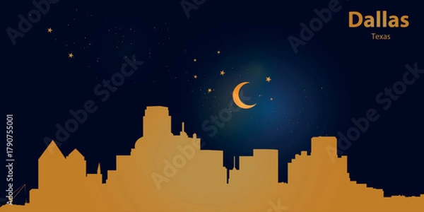 Fototapeta Minimalist vector illustration of the Dallas skyline against a deep dark blue sky. At the top is a thin golden crescent moon with a soft glow, surrounded by several small stars.