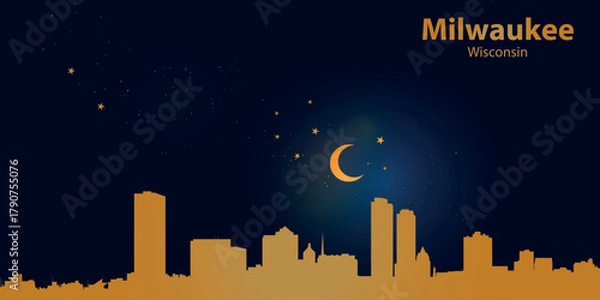 Fototapeta Minimalist vector illustration of Milwaukee's nighttime skyline against a deep dark blue sky. At the top is a thin golden crescent moon with a soft glow, surrounded by several small stars.