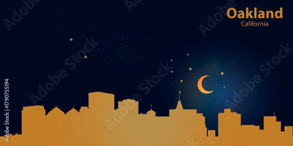 Fototapeta A minimalist vector illustration of Auckland's nighttime skyline against a deep dark blue sky. At the top is a thin golden crescent moon with a soft glow, surrounded by several small stars.