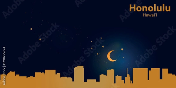 Fototapeta Minimalist vector illustration of Honolulu's nighttime skyline against a deep dark blue sky. At the top is a thin golden crescent moon with a soft glow, surrounded by several small stars.