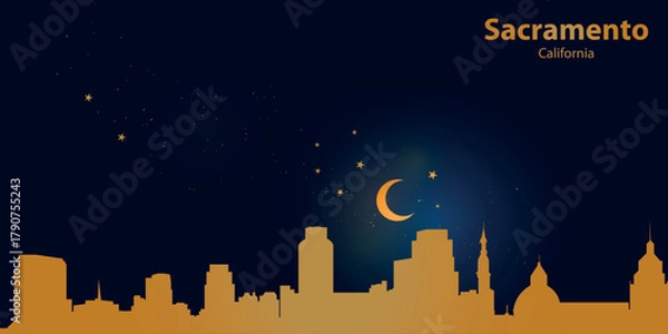 Fototapeta Minimalist vector illustration of Sacramento's nighttime skyline against a deep dark blue sky. At the top is a thin golden crescent moon with a soft glow, surrounded by several small stars.