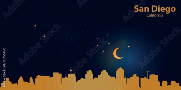 Fototapeta Minimalist vector illustration of San Diego's nighttime skyline against a deep dark blue sky. At the top is a thin golden crescent moon with a slight glow, surrounded by several small stars.