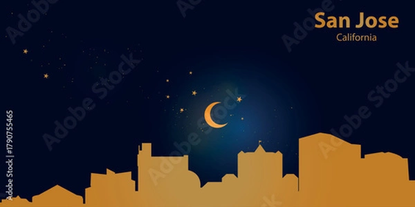 Fototapeta Minimalist vector illustration of the nighttime silhouette of San Jose against a deep dark blue sky. At the top is a thin golden crescent moon with a slight glow, surrounded by several small stars.