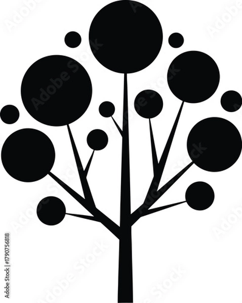 Fototapeta A stylized black silhouette of a tree with circular leaves against a white background.
