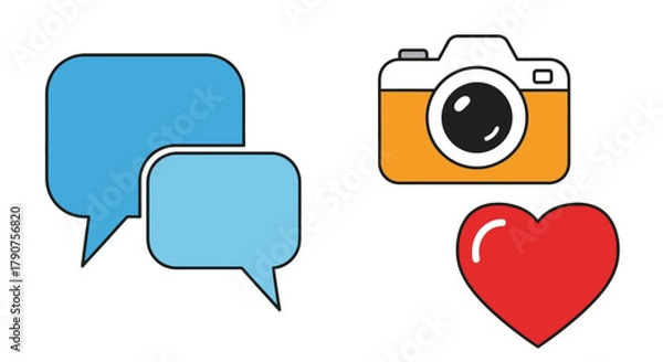 Fototapeta Icons representing communication, photography, and social media likes are displayed.