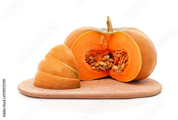 Fototapeta Sliced pumpkin with seeds on wooden board isolated on white background.