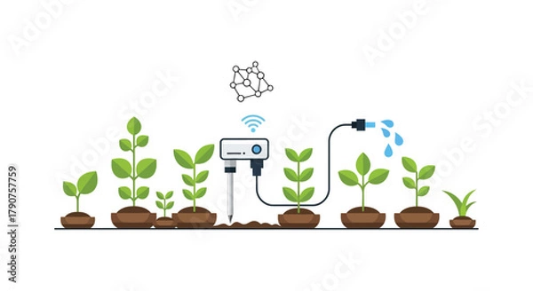 Fototapeta Automated irrigation system monitors plant growth with smart technology and water delivery.